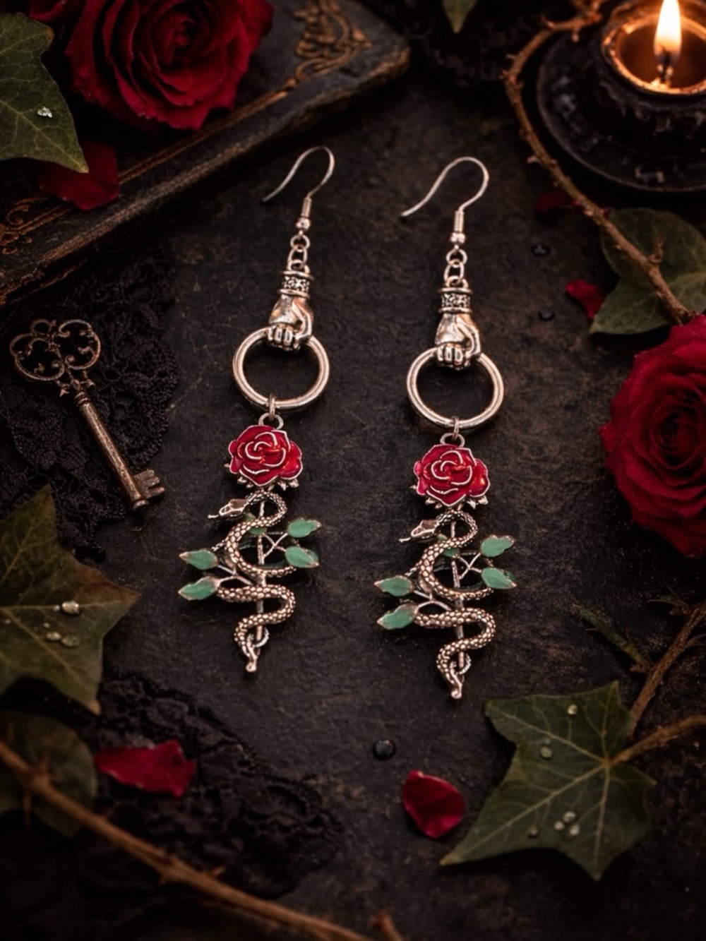 Red Rose and Green Leaf Snake Drop Earrings - Gothic Silver Dangle